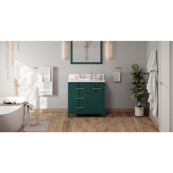 Jeffrey Alexander 36In. Forest Grn Katara Vanity, Left Offset, Calacatta Vienna Quartz Vanity Top, Undrmnt Rctngl Bowl VKITKAT36GNCQR - main